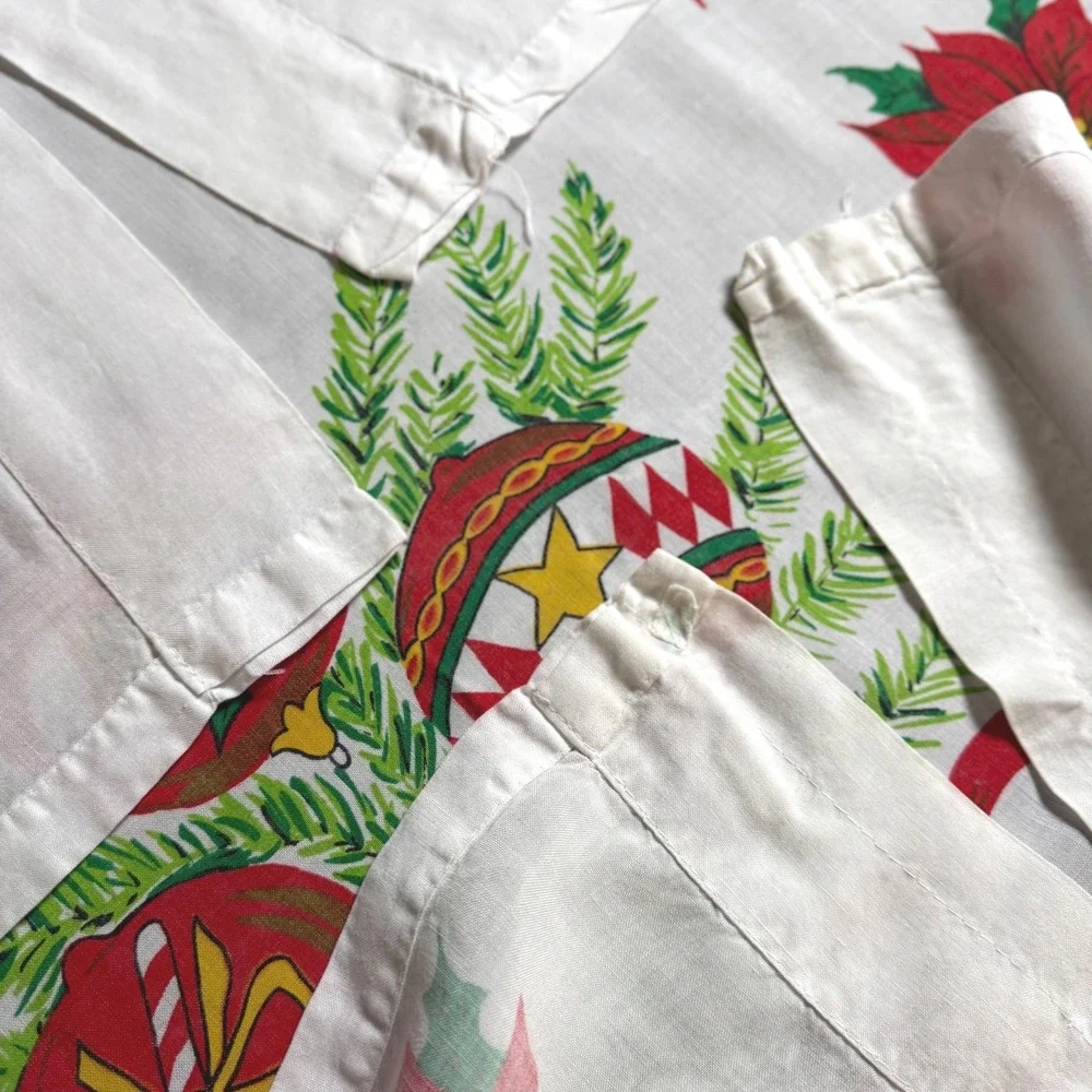 Vintage Christmas Poinsettia Cafe Curtains White Ornaments Made in Japan MCM